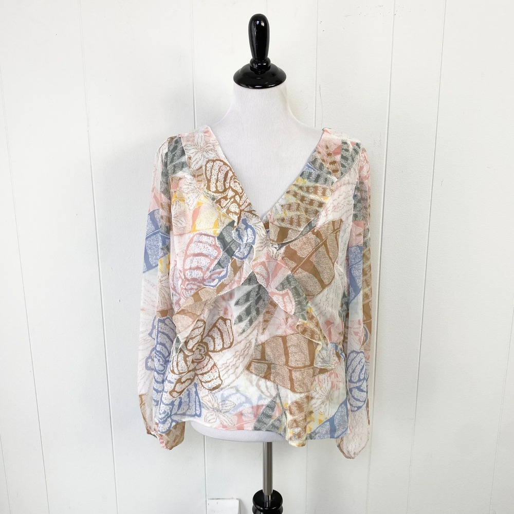 White House Black Market Tropical Ruffle Open Back Blouse Large